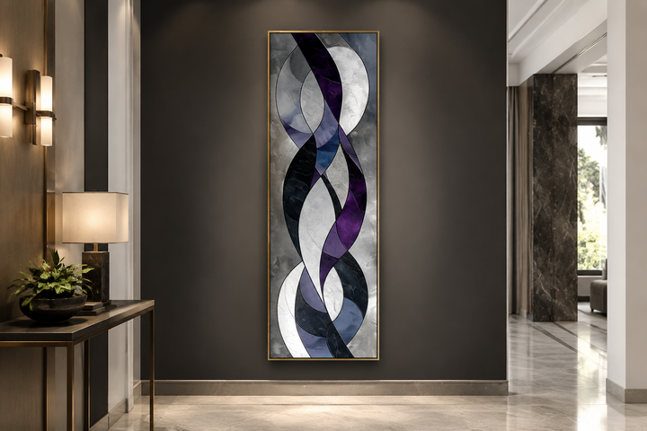 Tall vertical framed canvas art with abstract purple, lavender, and grey geometric flowing shapes.