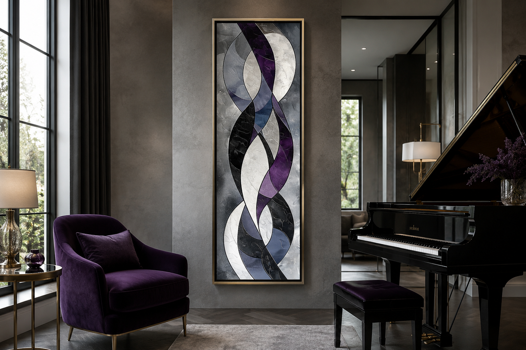 Tall vertical abstract framed canvas wall art with purple, lavender, and grey flowing shapes.