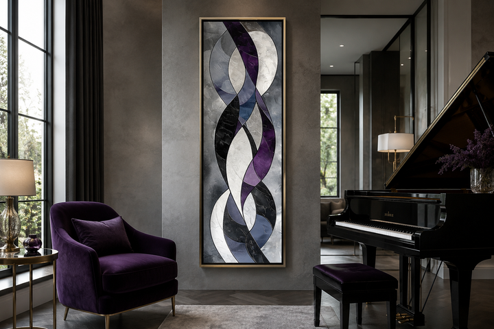 Tall vertical abstract framed canvas wall art with purple, lavender, and grey flowing shapes.