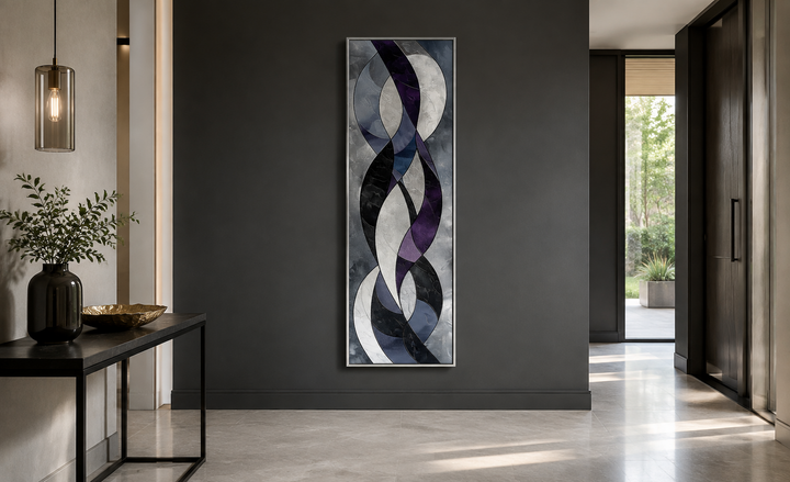 Tall vertical framed canvas wall art with purple, grey, and black abstract geometric shapes.