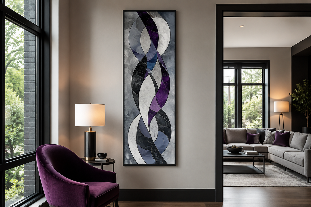Tall vertical framed canvas art with purple, lavender, and grey abstract geometric flowing shapes.