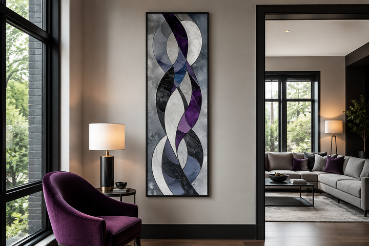 Tall vertical framed canvas art with purple, lavender, and grey abstract geometric flowing shapes.