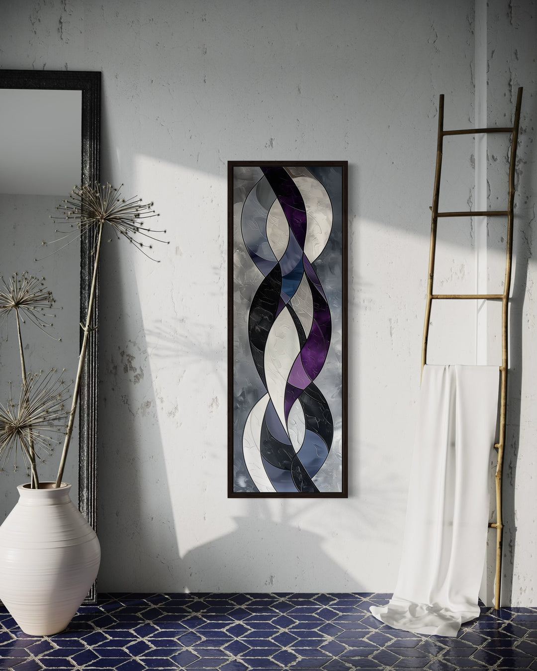 Tall thin vertical framed canvas wall art with purple and grey geometric abstract flowing shapes.