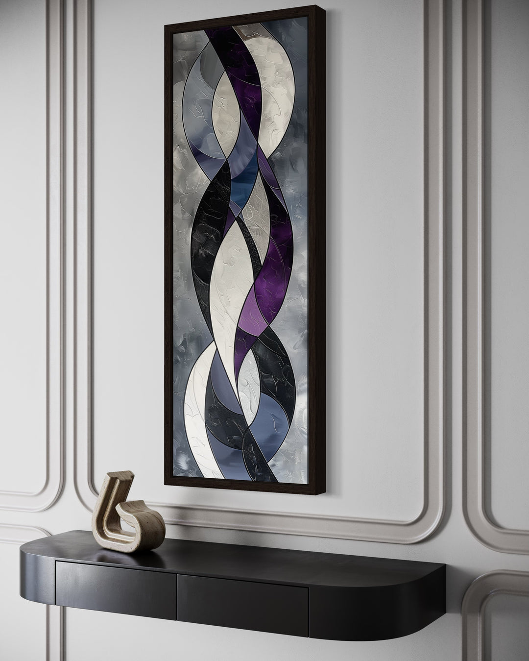 Tall vertical abstract canvas art with purple, grey, and black interlocking curves in a dark frame.
