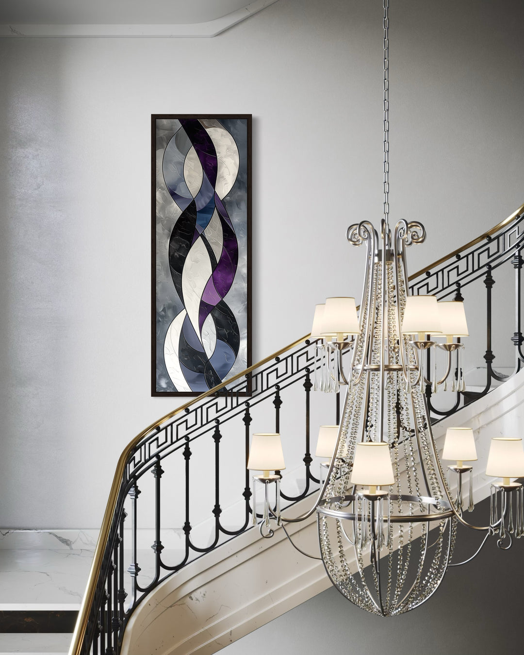 Tall thin vertical framed canvas wall art with purple and grey geometric abstract shapes.