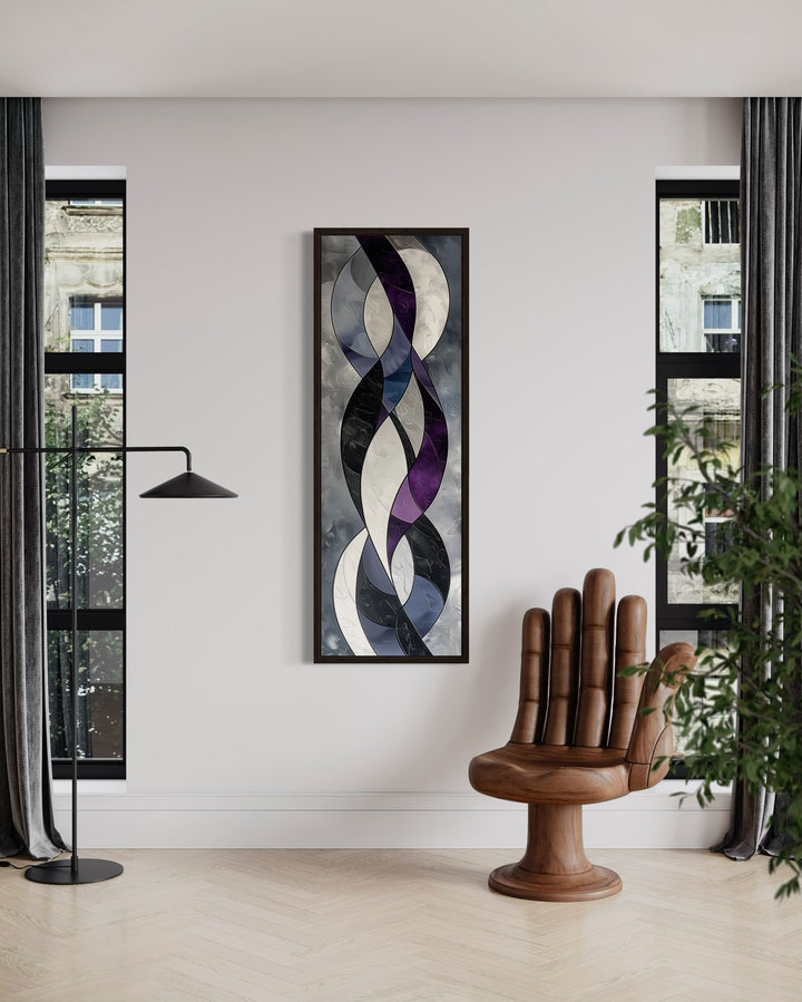 Tall vertical abstract canvas art with purple, grey, and white flowing geometric shapes in a frame.