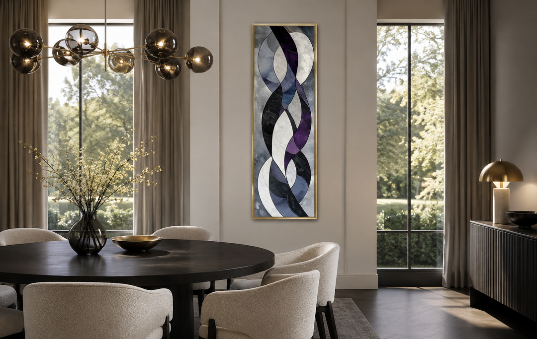 Tall thin vertical framed canvas wall art with purple, lavender, and grey abstract geometric shapes.