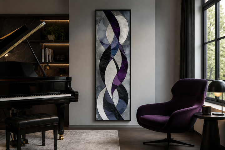 Tall vertical framed canvas with abstract purple, grey, and black flowing geometric shapes.
