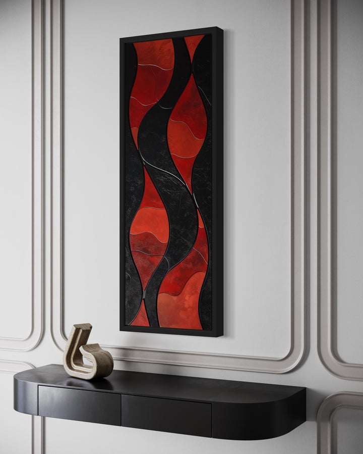 Tall Thin Vertical Red Black Geometric Abstract Framed Canvas Wall Art