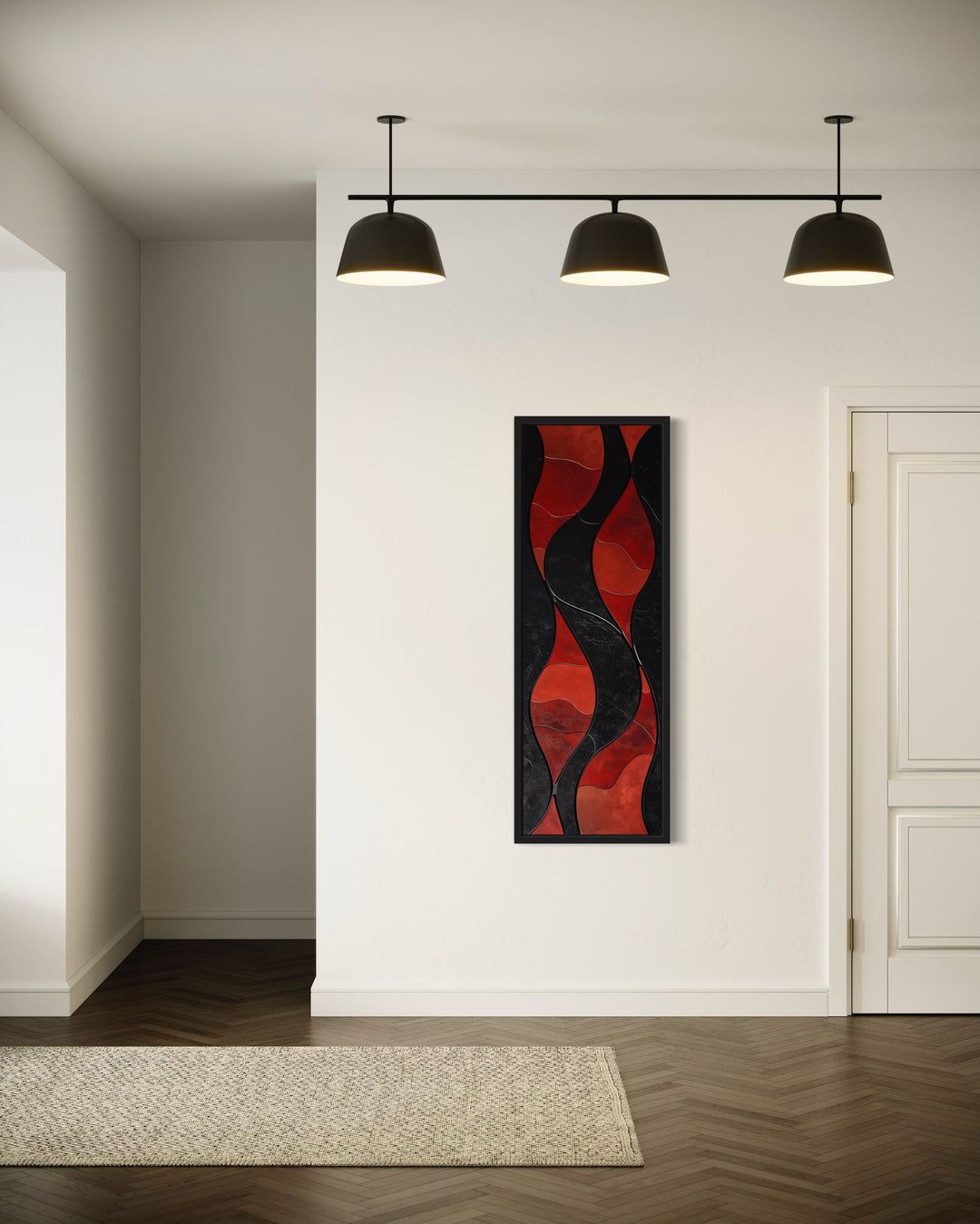 Tall Thin Vertical Red Black Geometric Abstract Framed Canvas Wall Art