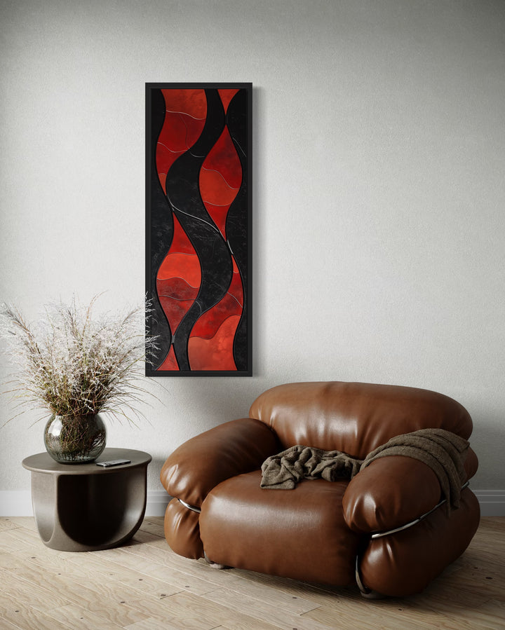 Tall Thin Vertical Red Black Geometric Abstract Framed Canvas Wall Art