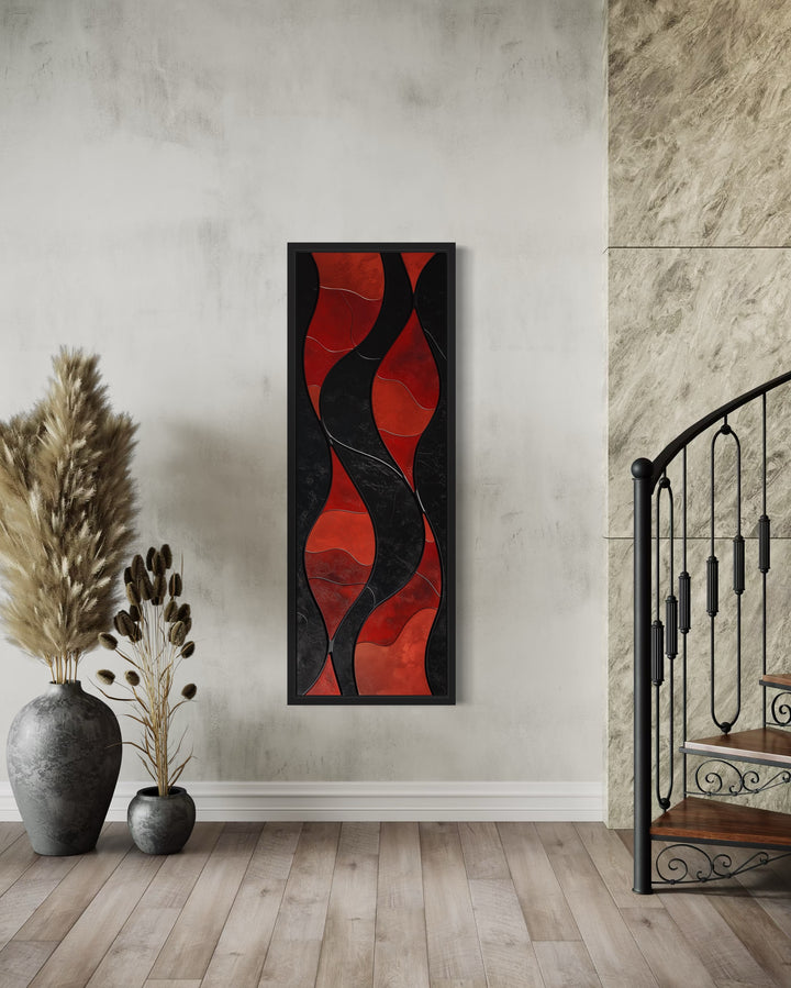 Tall Thin Vertical Red Black Geometric Abstract Framed Canvas Wall Art