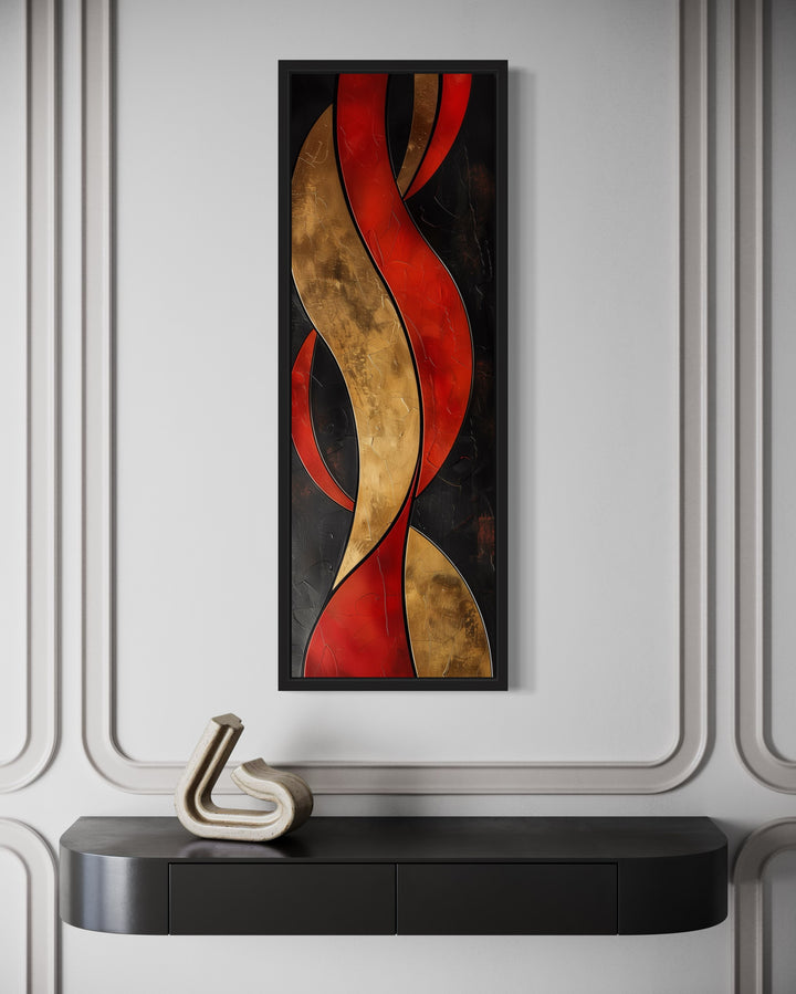 Tall Thin Vertical Red Gold Black Geometric Abstract Framed Canvas Wall Art