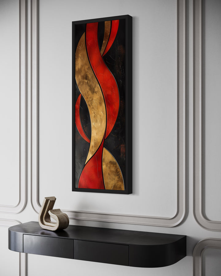 Tall Thin Vertical Red Gold Black Geometric Abstract Framed Canvas Wall Art