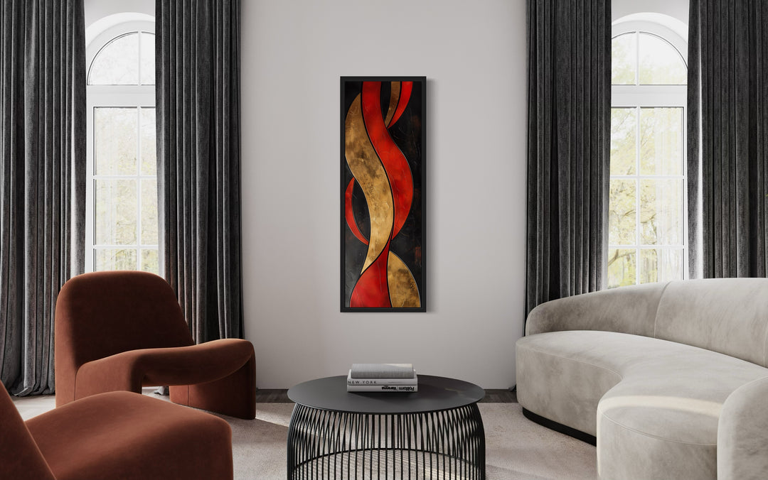 Tall Thin Vertical Red Gold Black Geometric Abstract Framed Canvas Wall Art