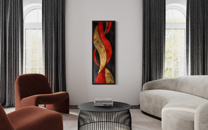 Tall Thin Vertical Red Gold Black Geometric Abstract Framed Canvas Wall Art