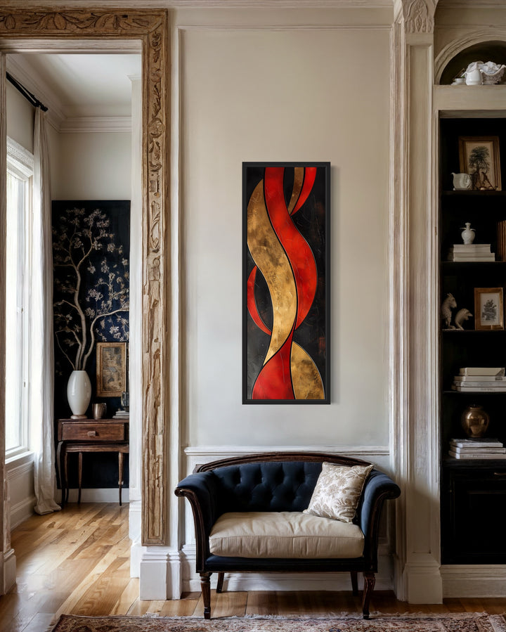 Tall Thin Vertical Red Gold Black Geometric Abstract Framed Canvas Wall Art