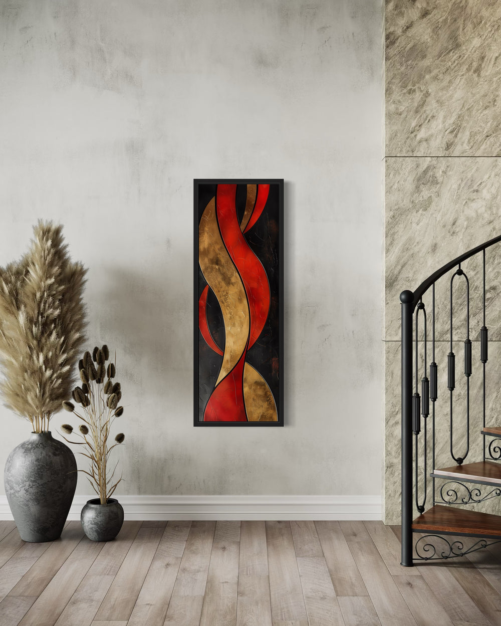 Tall thin vertical framed canvas wall art with abstract red, gold, and black flowing geometric shapes
