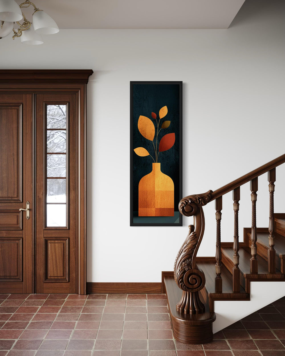 Tall Vertical Art Mid Century Modern Vase With Leaves And Dark Background Wall Art