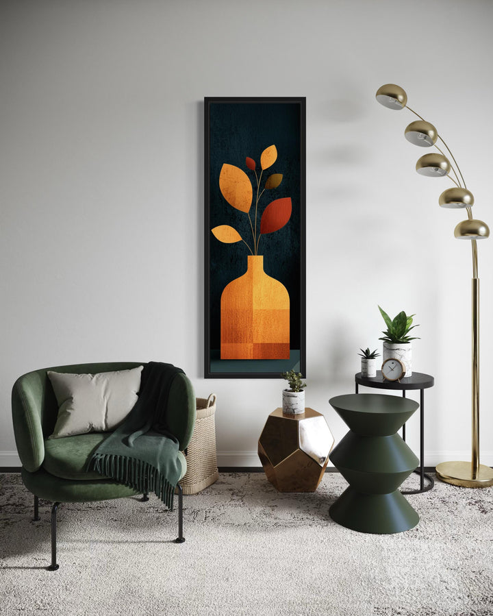 Tall Vertical Art Mid Century Modern Vase With Leaves And Dark Background Wall Art
