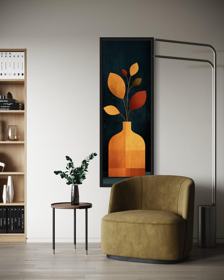 Tall Vertical Art Mid Century Modern Vase With Leaves And Dark Background Wall Art