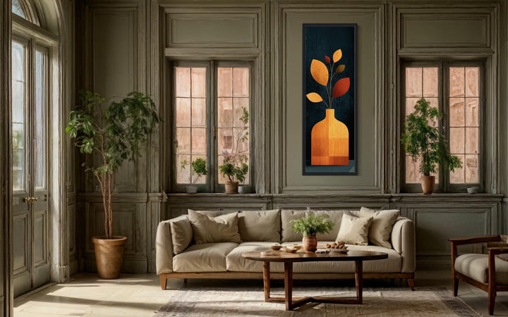 Tall Vertical Art Mid Century Modern Vase With Leaves And Dark Background Wall Art