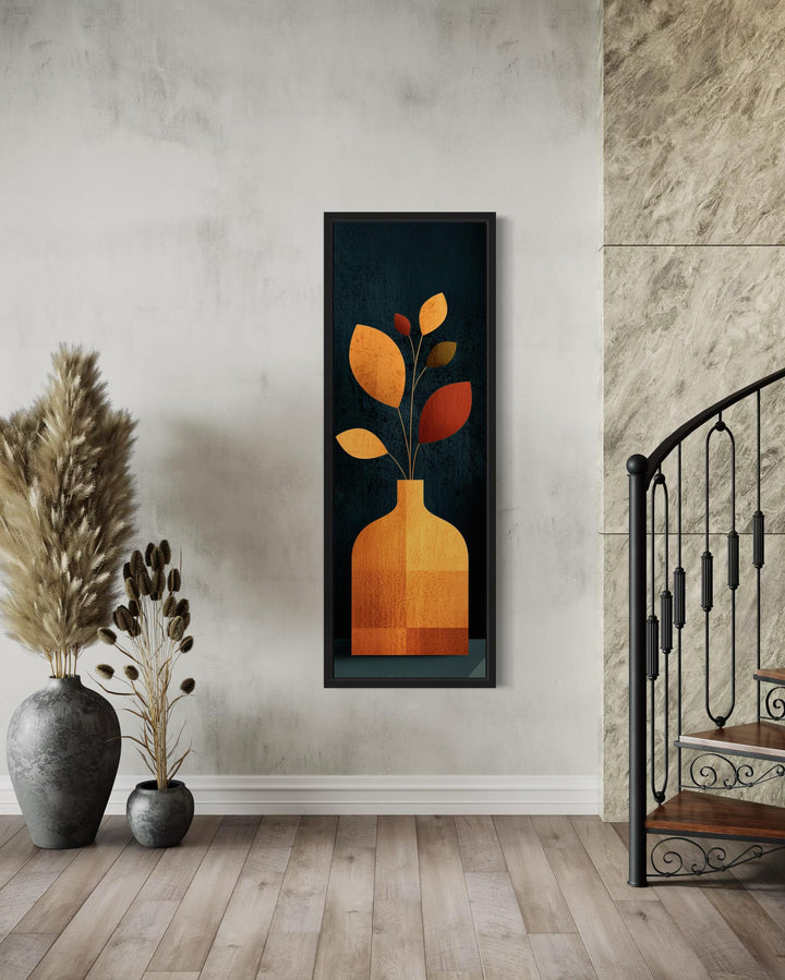 Tall Vertical Art Mid Century Modern Vase With Leaves And Dark Background Wall Art