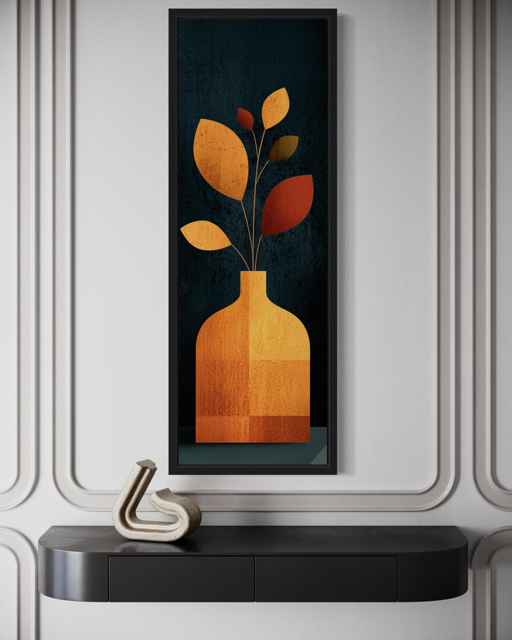 Tall Vertical Art Mid Century Modern Vase With Leaves And Dark Background Wall Art