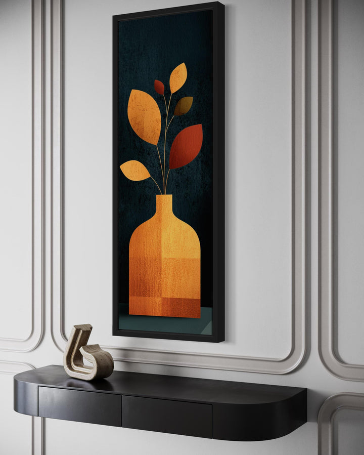 Tall Vertical Art Mid Century Modern Vase With Leaves And Dark Background Wall Art