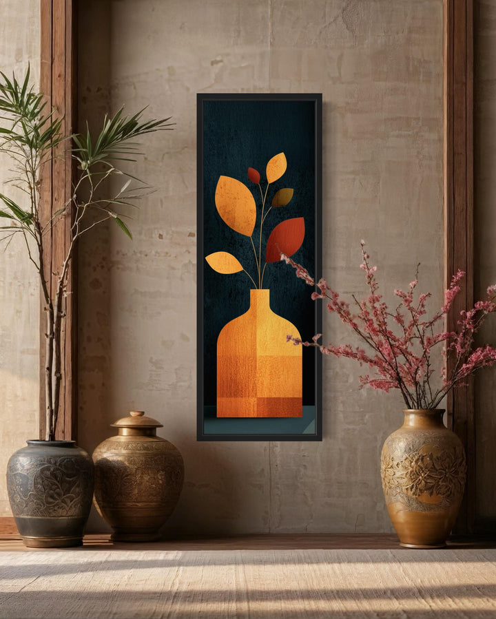 Tall Vertical Art Mid Century Modern Vase With Leaves And Dark Background Wall Art