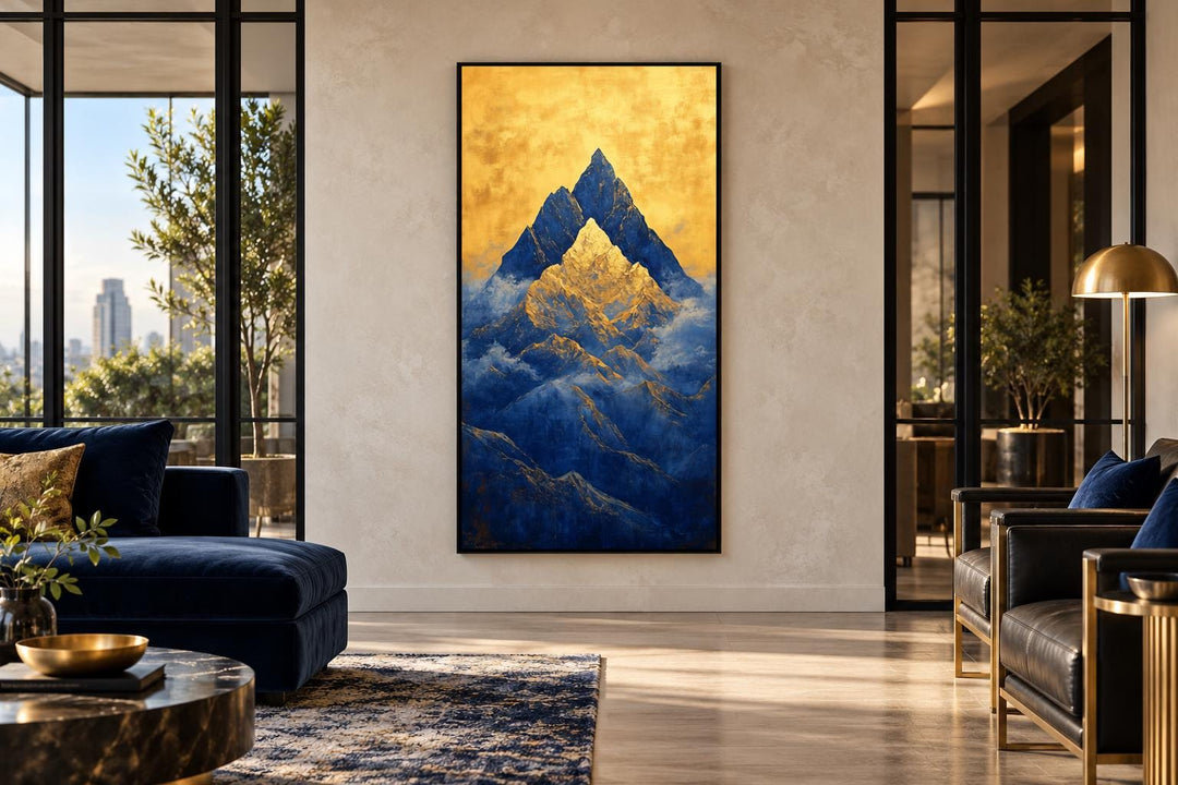 Tall vertical framed canvas art of blue mountains under a golden sky in a modern living room.