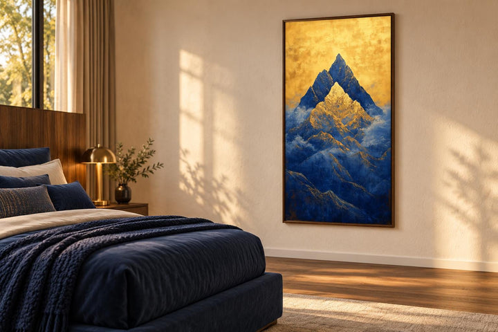 Tall vertical framed canvas wall art of blue mountains under a glowing gold sky in a bedroom.