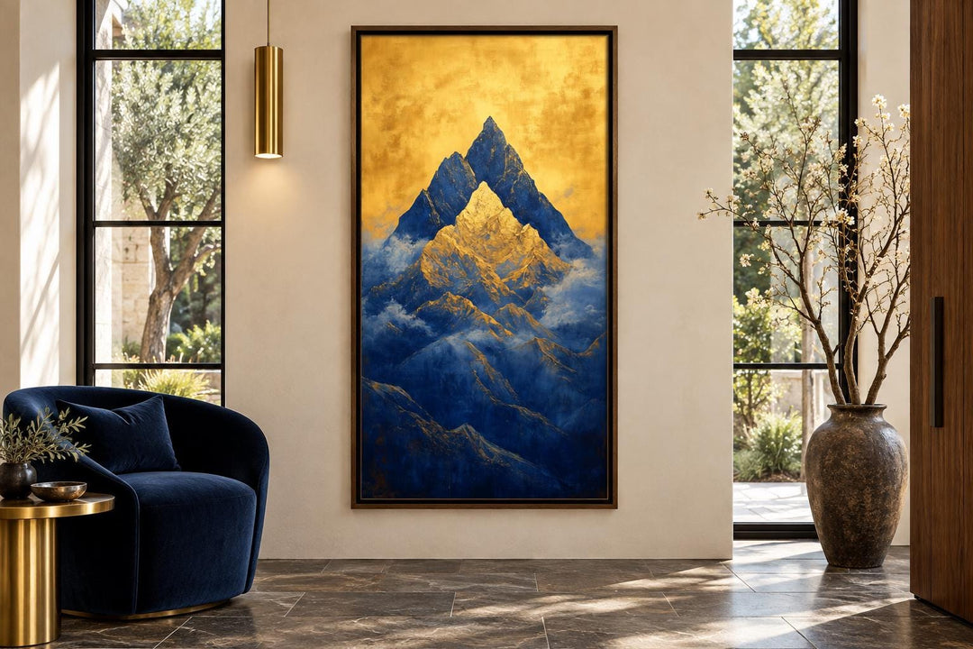 Tall vertical framed canvas wall art featuring a blue mountain peak against a golden sky.