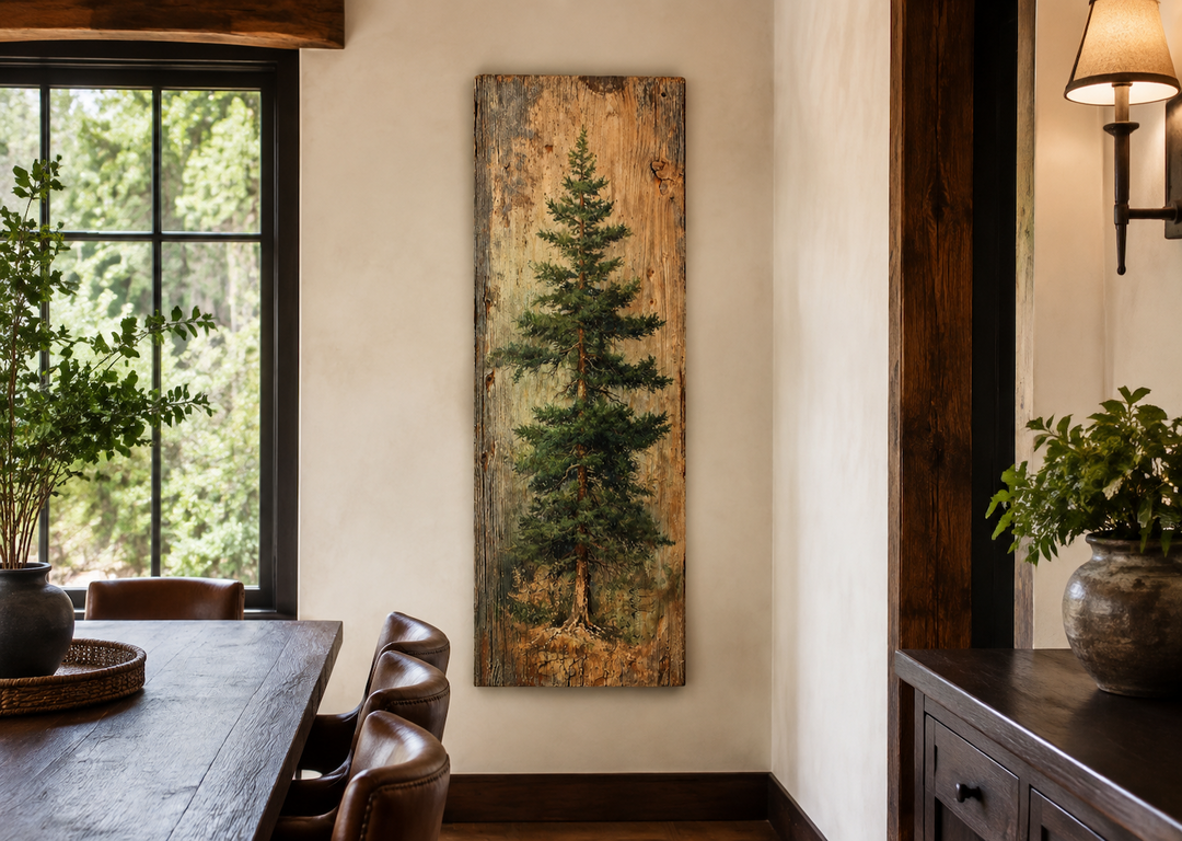 Tall vertical fir tree canvas wall art on a rustic wood-textured background in a cabin dining room.
