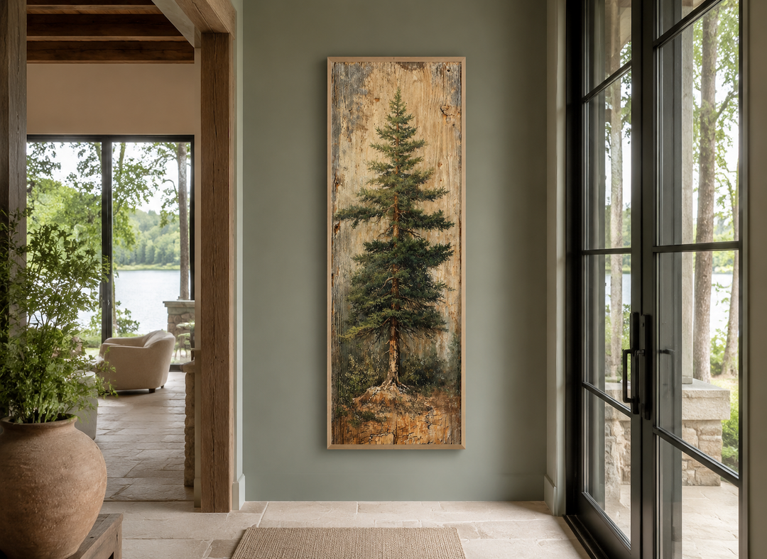 Tall vertical fir tree framed canvas wall art on a sage green wall in a rustic cabin setting.