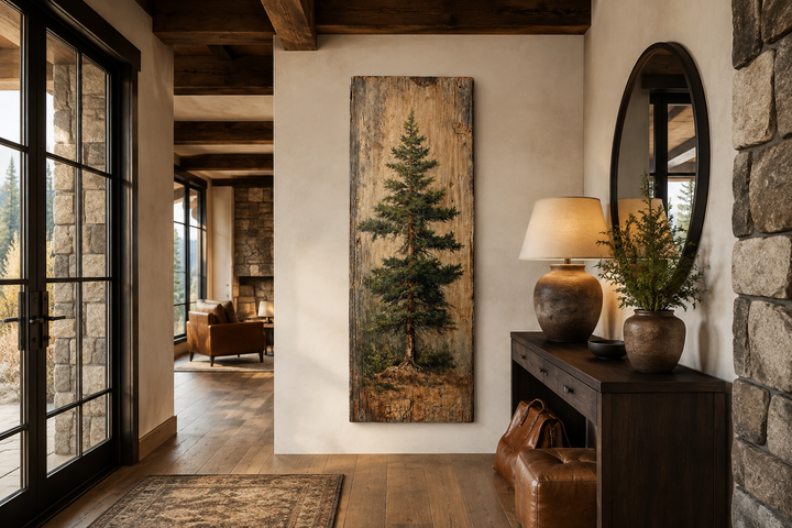 Tall vertical fir tree canvas wall art on a rustic wood-textured background in a cabin entryway.