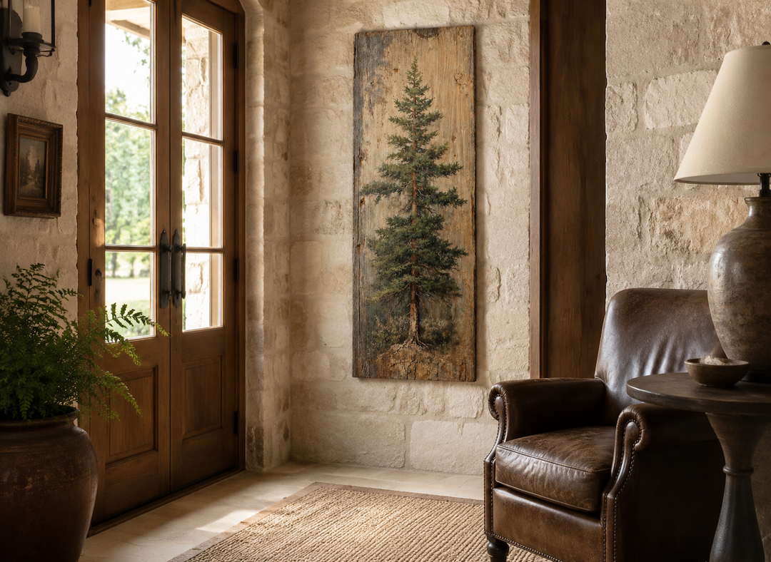 Tall vertical fir tree canvas wall art on a stone wall in a rustic cabin living room.
