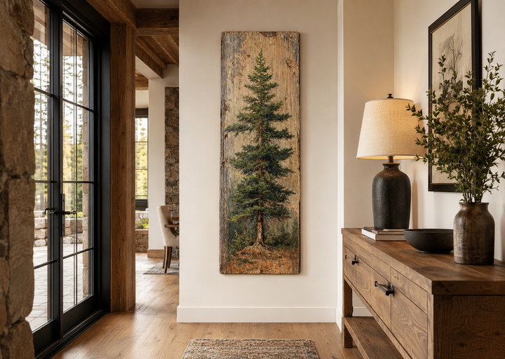 Tall vertical fir tree canvas wall art on a rustic wood-textured background in a cabin entryway.
