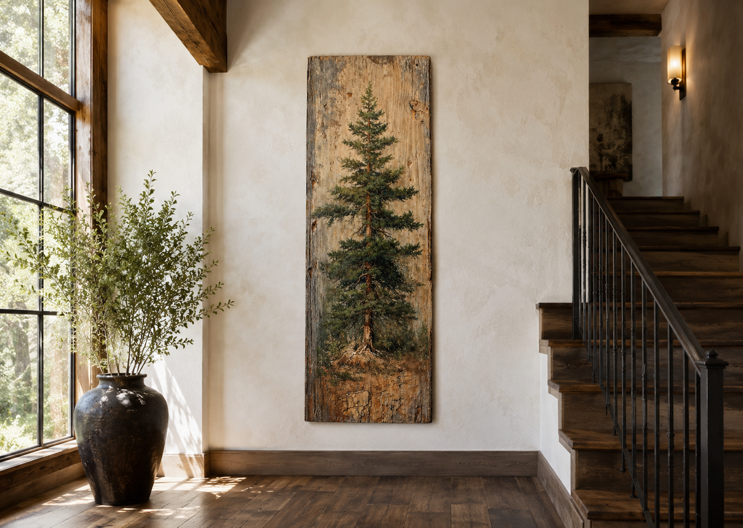 Tall vertical fir tree canvas wall art with a rustic, aged texture hanging in a cabin-style room.