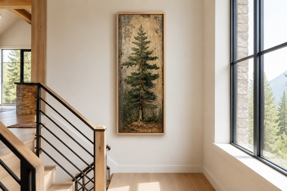 Tall vertical fir tree framed canvas wall art in a rustic cabin staircase setting.