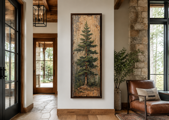 Tall vertical fir tree framed canvas wall art in a rustic cabin living room with stone accents.