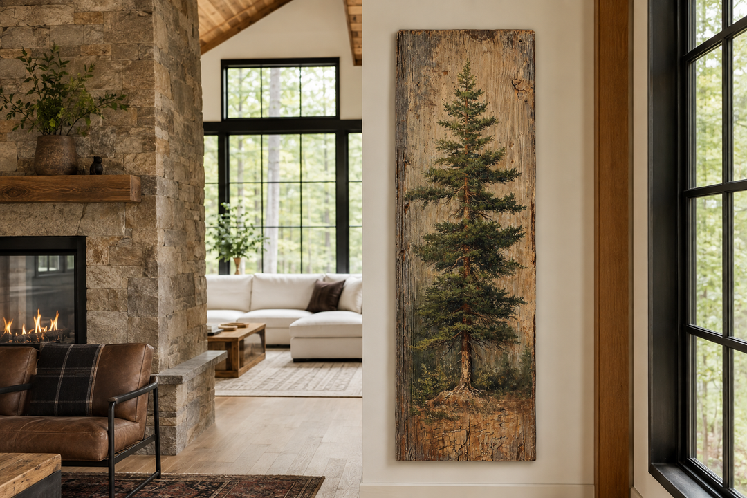 Tall vertical fir tree canvas wall art on a rustic wood-textured background in a cabin setting.