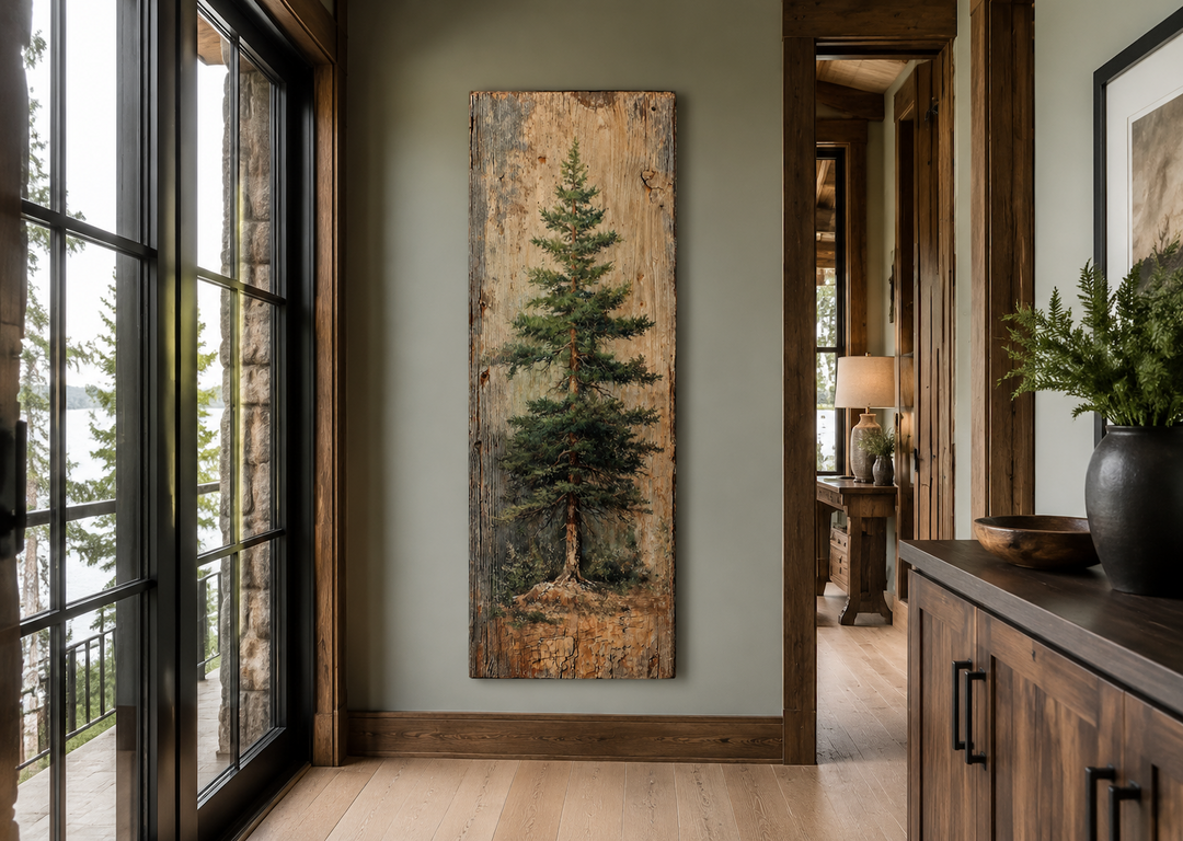 Tall vertical fir tree canvas wall art on a rustic wood panel, hanging in a cabin hallway.