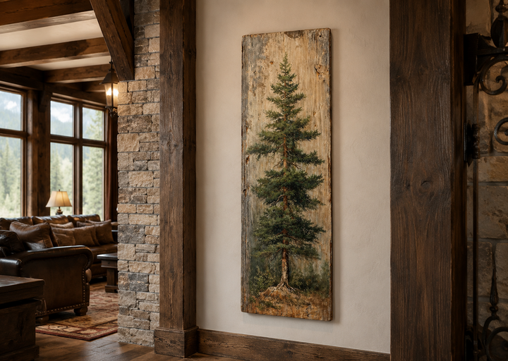 Tall vertical fir tree canvas wall art on a rustic wood-textured background in a cabin setting.