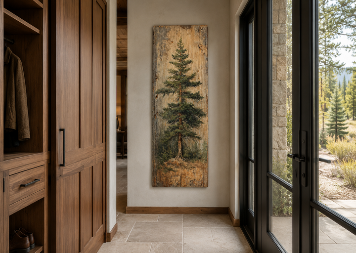 Tall vertical fir tree canvas wall art with a rustic, aged wood texture in a cabin entryway.