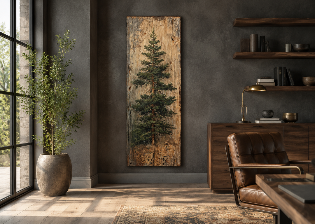 Tall vertical fir tree canvas wall art with a rustic woodland design in a moody office setting.