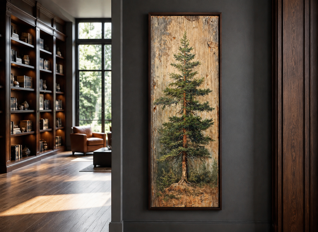 Tall vertical fir tree framed canvas wall art on a dark wall in a rustic library setting.