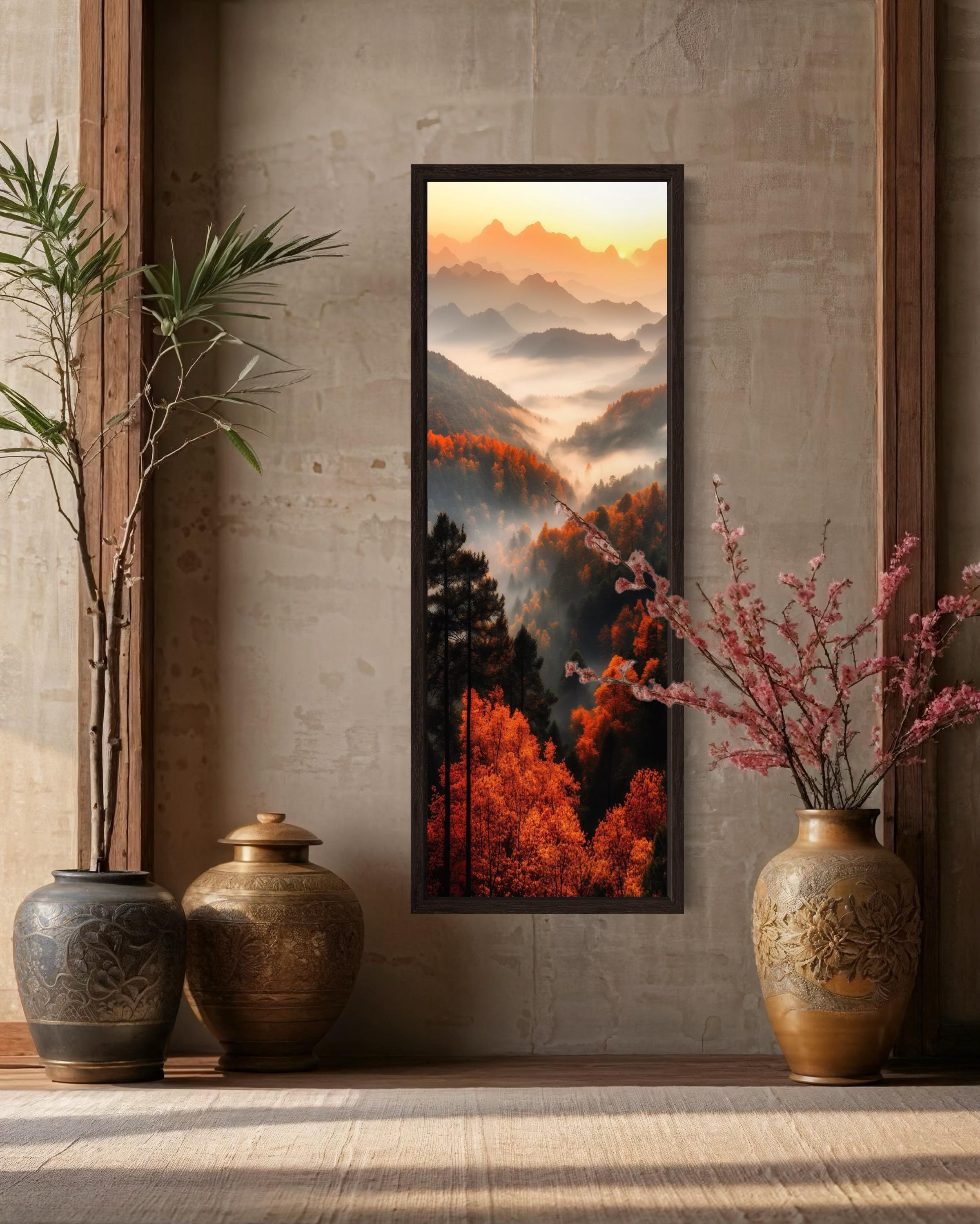 Tall Foggy Mountain Forest Canvas Art | Vertical Landscape – Wall