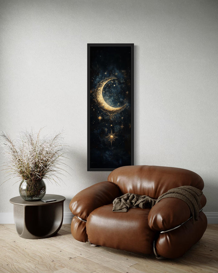 Tall Vertical Gold Crescent Moon And Star Wall Art