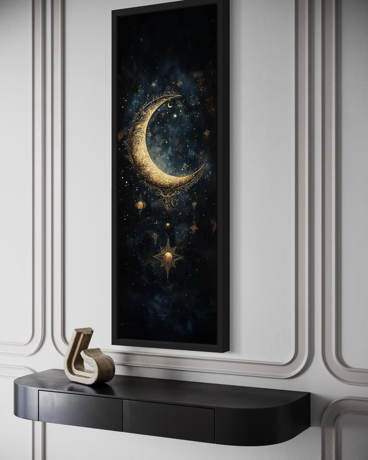 Tall Vertical Gold Crescent Moon And Star Wall Art